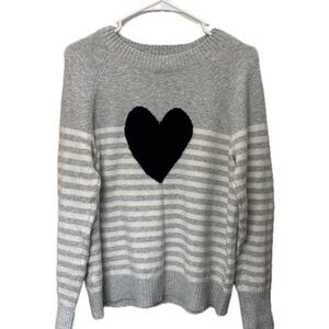 LOFT Gray Stripe Sweater w/ Black Heart Graphic Size M Cozy Knit Crewneck